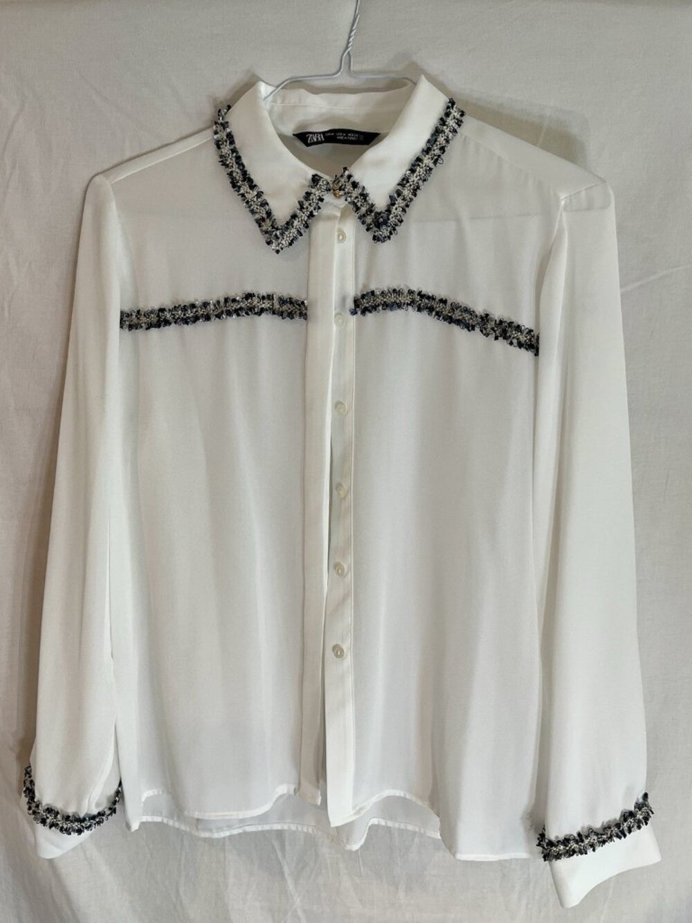 Zara Womens Shirt Sz Medium White Contrast Detail Trim Semi Sheer Button Up NWOT
